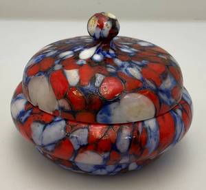lot 177 image: Art Deco Pique Fleurs  Fused Glass Trinket Dish Lid Has Small Chip And Crack Present 3 14 H x 4 14 W