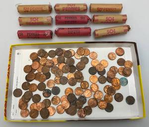 lot 178 image: Group of Misc. Unsorted Pennies And Penny Rolls