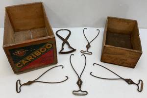 lot 239 image: Vintage Wooden Fruit Crates And Ice Tongs