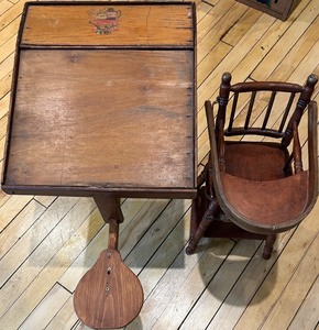 lot 23 image: Vintage Wooden Doll High Chair Convertible to Booster and Childs desk