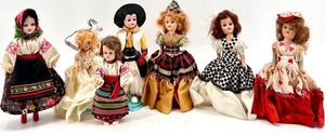 lot 99 image: Set of 7 Vintage International and Costume Dolls with Unique Outfits