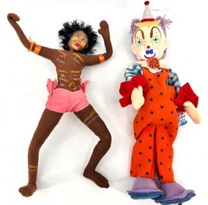 lot 102 image: Vintage Holiday Fair 1963 Clown Doll and Felt Tribal Figure Doll