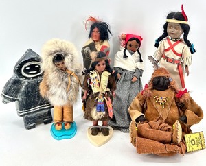 lot 108 image: Collection of 7 Native American, Inuit Dolls and Figurines