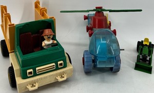 lot 131 image: Vintage Fisher-Price Dump Truck, Clear Helicopter, and John Deere Toy Tractor Lot