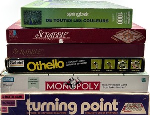 lot 50 image: Board Game Lot - Scrabble (2) & Othello & Monopoly & Turning Point & Springbok