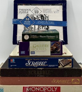 lot 51 image: Paradox 3D Jigsaw Puzzle & Scrabble Deluxe Travel Edition & Monopoly Game Set