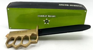 lot 191 image: Replica Trench Knife with Brass Knuckle Guard - PropDisplay Piece (U.S. 1818 stamp, CHINA blade)