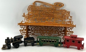 lot 203 image: Handcrafted Wooden Train Display Shelf and Cast Iron Train Set