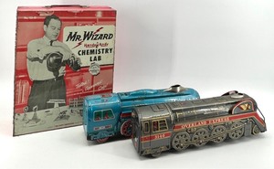 lot 208 image: Mr Wizard Chemistry Lab & Tin Plate Trains - International Express MF-804 & Overland Express 3140