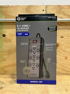 lot 38 image: Commercial Electric 6 ft. 12-Outlet Black Surge Protector with USB