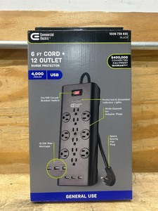 lot 50 image: Commercial Electric 6 FT Cord  12 Outlet Surge Protector..