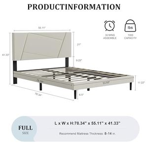 lot 168 image: Full Size Bed Frame, Full Platform Bed Frame with Velvet Upholstered Headboard, Geometric, Sturdy Frame and Wooden Slats, Noiseless, No Box Spring Required, Easy to Assemble Beige