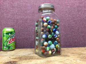 lot 121 image: Neat Old Jar - Neat Old Marbles - Clay - Shooters - Interesting Colors