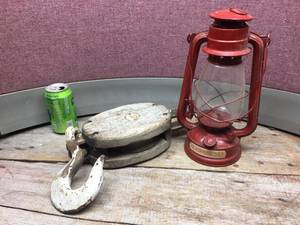 lot 142 image: Vintage Barn Pulley & American Camper Lantern