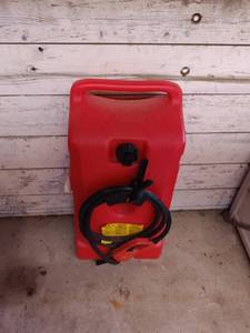 lot 6 image: Portable Wheeled Red Fuel Gas Can with Hose and Nozzle