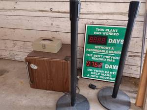 lot 24 image: Set of Office Safety Sign, Stanchions, Cash Box, and Mini Fridge