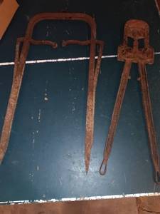 lot 54 image: Pair of Vintage Iron Ice Block Tongs and Adjustable Logging Caliper