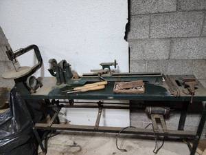 lot 128 image: Wards Wood Lathe with Scroll Saw and Grinder Multi Tool Station
