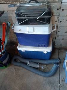 lot 155 image: Collection of 2 Igloo Coolers, Grill and Flexible Hose