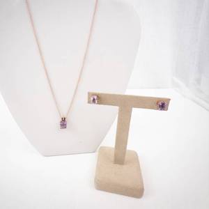 lot 239 image: Amethyst Pendant Necklace with Stud Earrings - Rose Gold Tone, 16-inch Chain