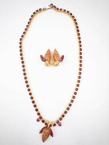 lot 243 image: Necklace & Earrings Set - Gold-Tone with Purple Stones, 16.5-Inch Chain