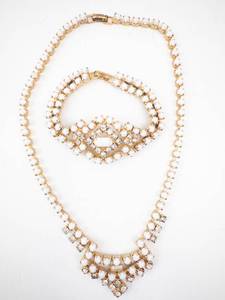 lot 244 image: Gold-Tone Necklace & Bracelet Set With White Stones And Clear Rhinestones