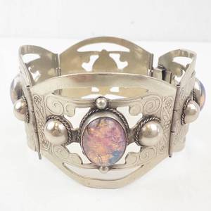 lot 10 image: Taxco Mexican Sterling Silver Opal Cabochon Panel Bracelet - Filigree