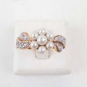 lot 27 image: Pearl & CZ Cluster Ring - Size 9, Gold-Tone Jewelry