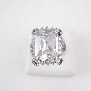 lot 40 image: CZ Cocktail Ring - Silver Tone, Emerald-Cut Center with Halo - Size 5