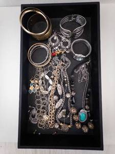 lot 75 image: Bracelets & Necklaces Lot - Gold & Silver Tones with Turquoise Pendant