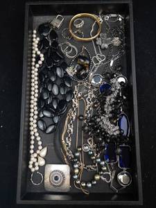 lot 82 image: Jewelry Lot - Black Bead Necklaces, Pearl Strands, Silver Chains & Blue Crystal Charms