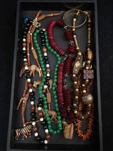 lot 85 image: Bead Necklace Lot - Wooden Carved Beads, Green Beads, Black Beads, Red Disc Beads