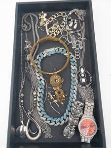 lot 92 image: Costume Jewelry Lot - Turquoise Chain, Cross Pendants, Pearl Drops, Pink Watch