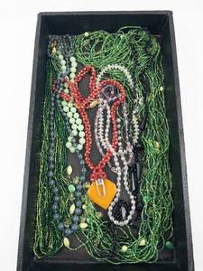 lot 107 image: Beaded Necklace Lot - Green, Red, Clear Crystals & Orange Pendant