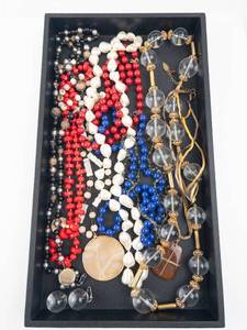 lot 109 image: Beaded Necklace Lot - Red, Blue, Pearl & Clear Beads, Mixed Strand Jewelry