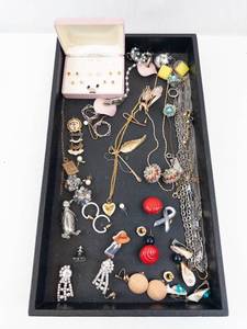 lot 128 image: Costume Jewelry Lot - Assorted Necklaces, Earrings, Brooches & Rings