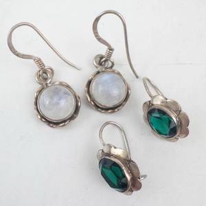 lot 144 image: Moonstone & Emerald Green Sterling Silver Drop Earrings - Set of 4