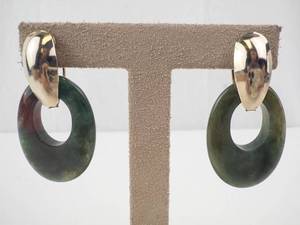 lot 156 image: Green Jade Disc Hoop Earrings - Pair, Gold-Tone Caps, Clip-On Backs