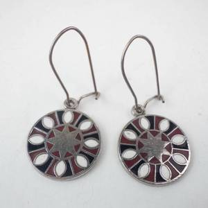 lot 159 image: Sterling Silver Enamel Drop Earrings - Circular Sunburst Motif
