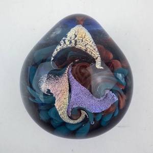 lot 162 image: Teardrop Glass Pendant Necklace - Blue Swirl with Silver Leaf & Purple Accent