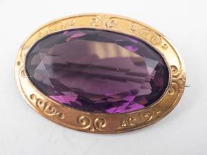 lot 191 image: Gold-Filled Amethyst Oval Brooch with Scrollwork