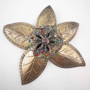 lot 193 image: Flower Brooch - Vintage Gold-Tone With Multicolor Rhinestones & Pink Center