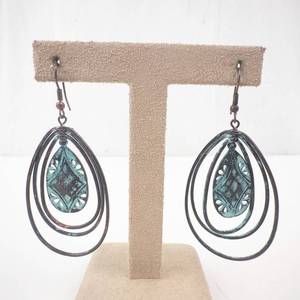 lot 195 image: Turquoise Teardrop Dangle Earrings with Triple Oval Hoops
