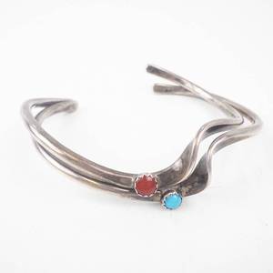 lot 199 image: Sterling Silver Cuff Bracelet - Red Coral & Turquoise Bezel Set
