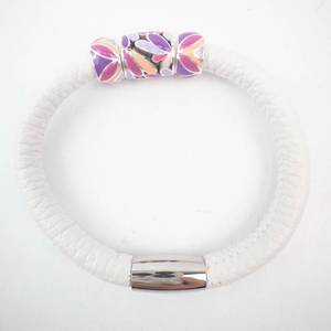 lot 218 image: Brighton Enamel Bead Bracelet - White Leather Band Floral Beads and Fabric Pouch