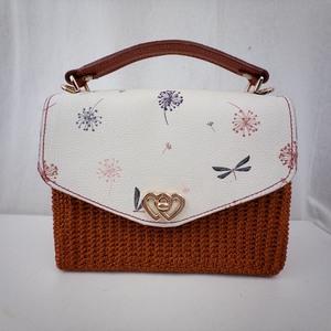 lot 4I image: Floral White Leather Flap Handbag with Brown Crochet-Woven Body & Heart Clasp