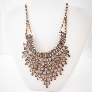 lot 251 image: Gold-Tone Layered Bib Necklace with Cascading Fringe Drops - Statement Jewelry