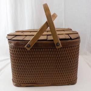 Vintage Wicker Picnic Basket with Leather Trim and Wooden Slat Lid