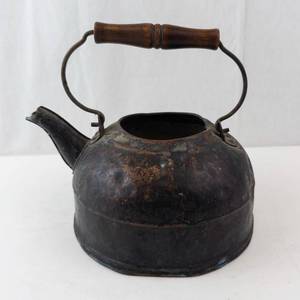 Antique Cast Iron Kettle with Wooden Handle - Rustic Teapot Stove Top Decor