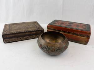 Inlaid Wood Boxes & Brass Floral Bowl (Lot of 3)